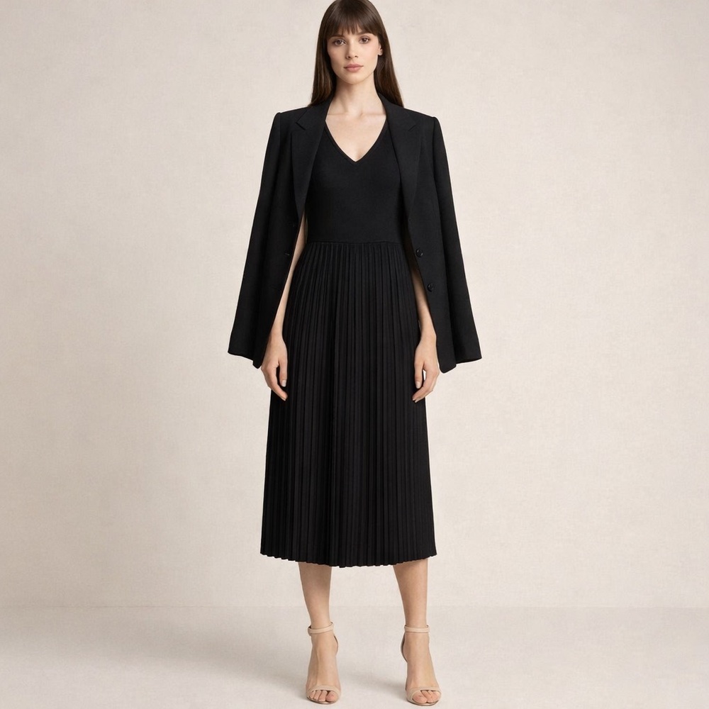 T Tahari Black Pleated Midi Dress XS | Sleeveless Fit & Flare Accordion Skirt
